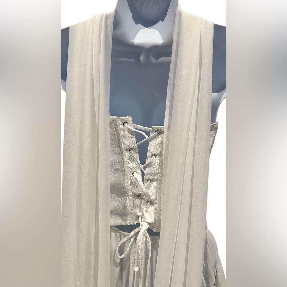 Lulus Laubrey White Floral Jacquard Mini Dress and Scarf Set Size Medium NWT - Picture 9 of 16